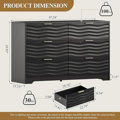 MALOL Coastline Fluted 6 Drawers Dresser for Bedroom, 48" Wide Modern Chest of TV Stand Organizers with Metal Handle, Storage Wooden Dresser Drawer for Living Room, Hallway, Closet, Black Wood