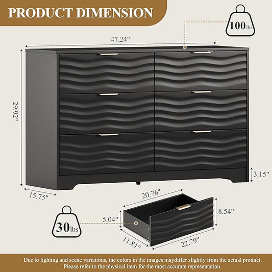 MALOL Coastline Fluted 6 Drawers Dresser for Bedroom, 48" Wide Modern Chest of TV Stand Organizers with Metal Handle, Storage Wooden Dresser Drawer for Living Room, Hallway, Closet, Black Wood