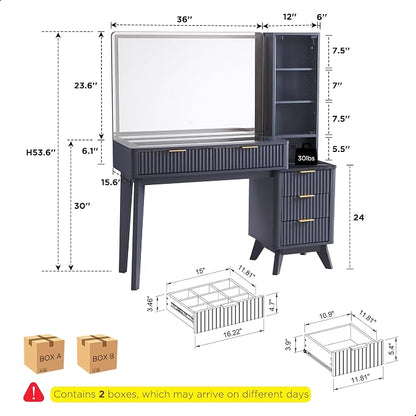 T4TREAM 48" Fluted Makeup Vanity Desk with Large 36" Mirror and Lights, Modern Glass Top Big Vanity Table with 5 Drawers & Adjustable Shelf, Dressing Table w/Charging Station for Bedroom, Dark Grey