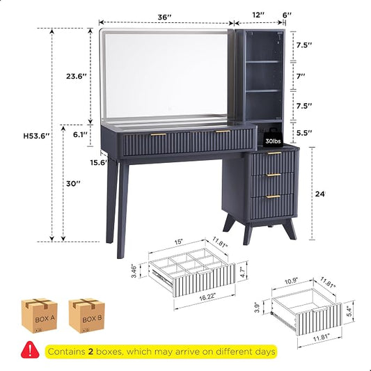 T4TREAM 48" Fluted Makeup Vanity Desk with Large 36" Mirror and Lights, Modern Glass Top Big Vanity Table with 5 Drawers & Adjustable Shelf, Dressing Table w/Charging Station for Bedroom, Dark Grey