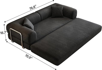 JINGLING 79" Queen Sleeper Sofa Bed with Memory Foam, Compressed Couch in a Box, Foldable Convertible Small Couches for Small Spaces Bedroom Game Room, Corduroy Fabric, Black