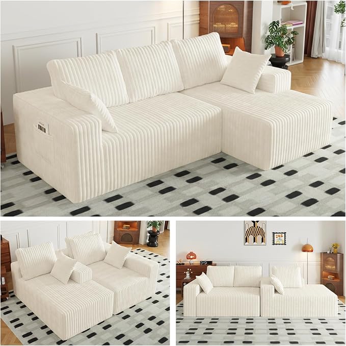 Cloud Boneless Sectional Cream Couches with Oversized Chaise for Living Room, Modular L Shaped Couch with Deep Seat, Memory Foam Compressed 3 Seater Sofa for Apartment