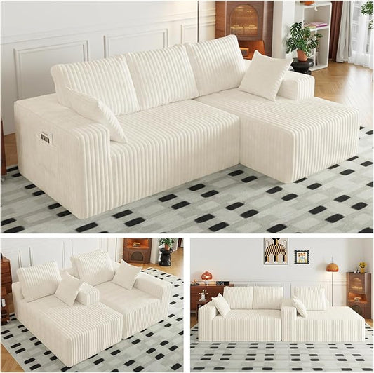 Cloud Boneless Sectional Cream Couches with Oversized Chaise for Living Room, Modular L Shaped Couch with Deep Seat, Memory Foam Compressed 3 Seater Sofa for Apartment