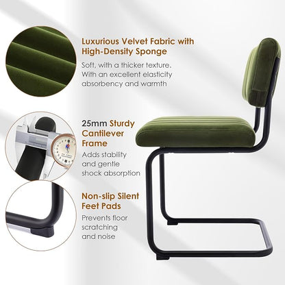 ONEVOG Mid Century Modern Dining Chairs Set of 2, Green Velvet Kitchen Chairs with Tufted Backs, Upholstered Wide Seat, Armless Cantilevered Chairs with Metal Legs for Kitchen Living Room