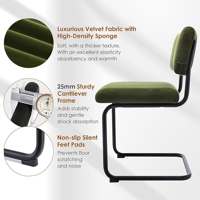 ONEVOG Mid Century Modern Dining Chairs Set of 4, Green Velvet Kitchen Chairs with Tufted Backs, Upholstered Wide Seat, Armless Cantilevered Chairs with Metal Legs for Kitchen Living Room