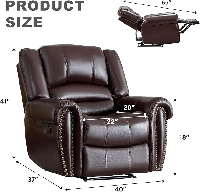 INZOY Leather Recliner Chair, Heavy Duty Manual Reclining Sofa Single Lounge Sofa for Living Room, Home Theater Seating, Brown