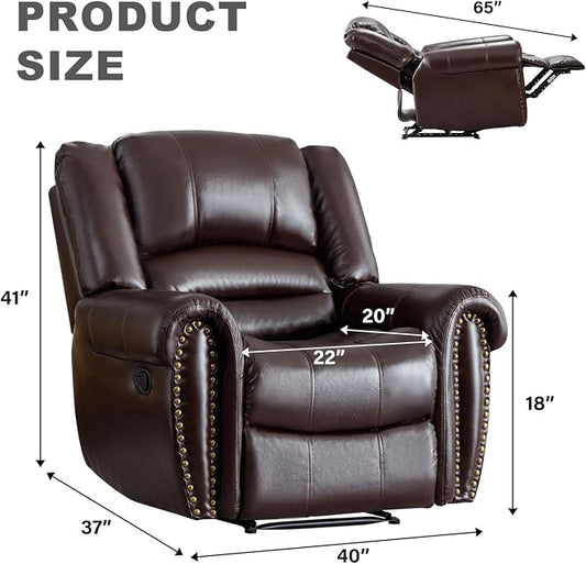 INZOY Leather Recliner Chair, Heavy Duty Manual Reclining Sofa Single Lounge Sofa for Living Room, Home Theater Seating, Brown