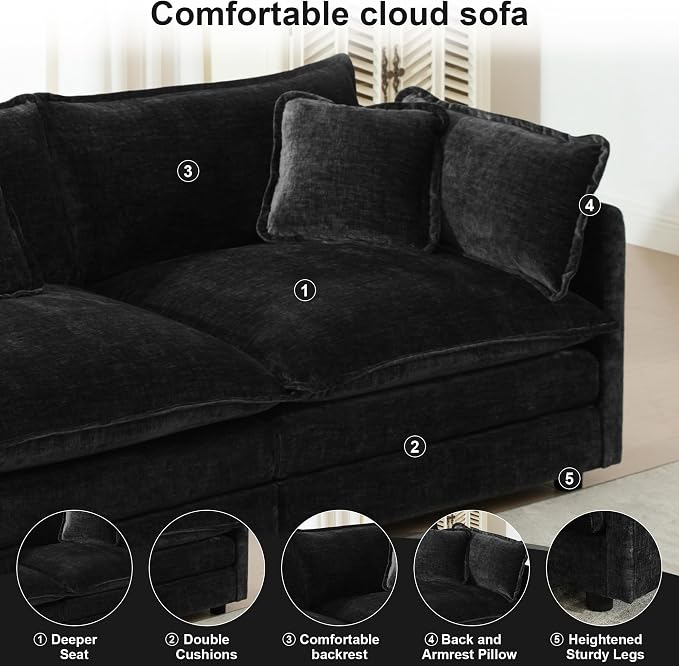 111.5" Modular Sectional Sofa, Large L Shaped Sectionals Cloud Couch, Big Comfy 3-Seat Couch with Ottoman, 4 Seater Chenille Sectional Sofa with Deep Seat and 5 Pillows for Living Room- Black