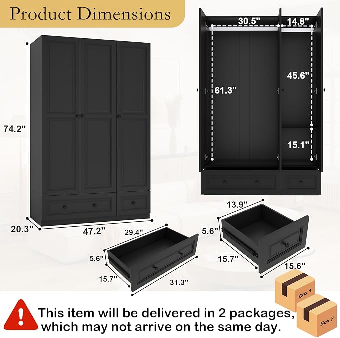 Armoire Wardrobe Closet with Drawers: 74" Bedroom Closet for Hanging Clothes, Black Wardrobes Closets with Doors, Modern Armoire Cabinet with Shelves (Black, 47")