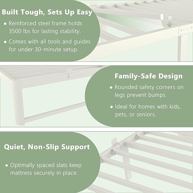 VYM 14 Inch Twin Size Bed Frame with Metal Gaskets, No Box Spring Needed, DIY Headboard, Heavy Duty Steel Slat Support, Anti-Slip Mattress Stopper, Round Corner Leg, Easy Assembly, White