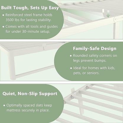 VYM 14 Inch Twin Size Bed Frame with Metal Gaskets, No Box Spring Needed, DIY Headboard, Heavy Duty Steel Slat Support, Anti-Slip Mattress Stopper, Round Corner Leg, Easy Assembly, White
