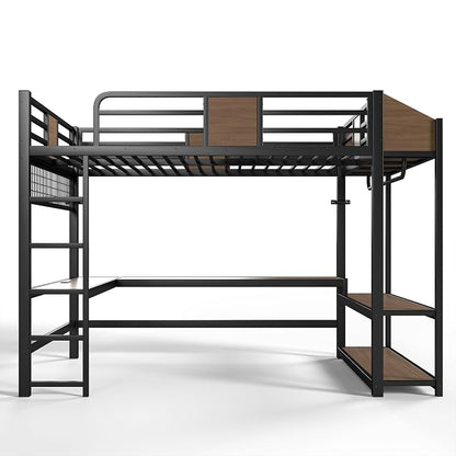Bellemave Queen Size Loft Bed with Desk and USB Ports, Clothes Hanging Rod, LED, Metal Full Loft Bed Frame for Adults, Kids, Teens, Black