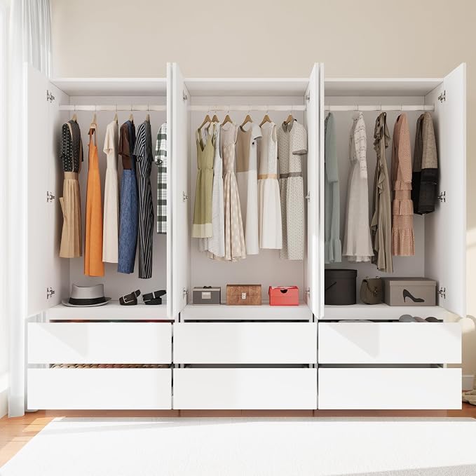 Armoire Wardrobe Closet with 6 Doors, Wooden Wardrobe Cabinet with 6 Drawers, Hanging Rod & Shelves, Freestanding Closets for Bedroom (White, 3)