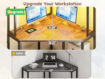 DurayLoly 63" Triangular Corner Desk with Hutch,Ample Storage for Small Room,Spacious 36" W Desktop,2 Fabric Drawers and Bottom Wooden Shelves,Versatile Computer Desk that Meets All Your Needs,Brown
