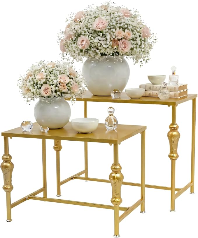 Retail Display Tables Gold Boutique Nesting Tables | 2 Piece Set, Vintage Display Table, Clothing Shoes Display Shelf, For Retail Stores, Carbon Steel