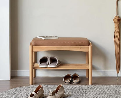 Solid Wood Shoe Bench Assembled, Shoe Rack Bench with Silicone Leather Cushion for Entryway, Living Room, Bedroom, Hallway, 11.8" x 31.5" x 16.5", Natural & Brown