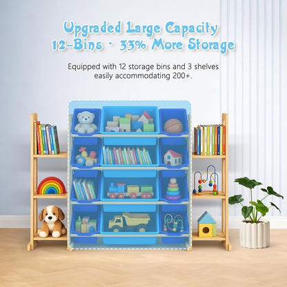 Kids Toy Storage Organizer with Bookshelf – Wooden Shelf with 12 Bins & 6 Shelves, Quick Assembly Storage Rack for Playroom, Bedroom, Nursery– Blue