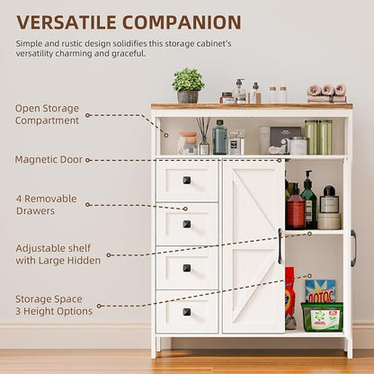 Vabches Farmhouse Storage Cabinet with 2 Doors and 4 Drawers, Freestanding Bathroom Storage Cabinets, Kitchen Pantry Cabinet, Floor Hutch Cupboard for Kitchen/Living Room/Bathroom(Unique White).