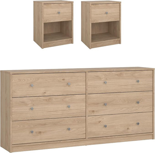 Tvilum Portland Jackson Hickory 3-Piece Bedroom Set - 6 Drawer Double Dresser and Nightstand Set of 2