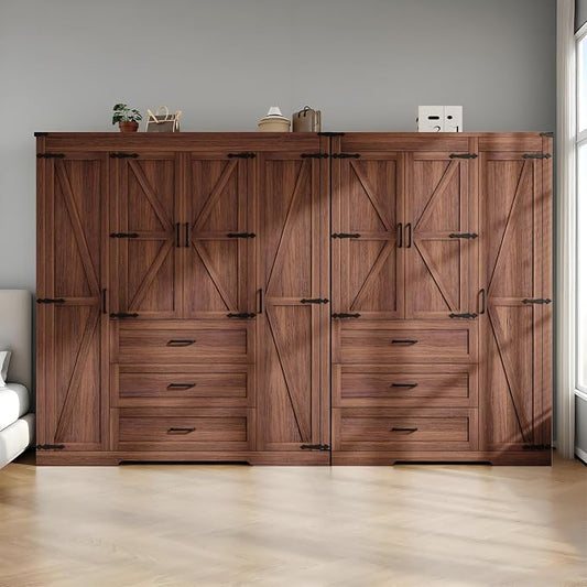 70" Tall Wardrobe Closet with 7 Doors & 6 Drawers, Farmhouse Armoire with Hanging Rod, Wooden Armoire Wardrobe Closet for Bedroom, Freestanding Clothing Storage Cabinet, Brown