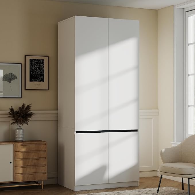 White Armoire Wardrobe Closet: 75" Large Wardrobe Closet with 6 Doors, Modern Bedroom Armoires with Storage Cabinet, Tall Wood Closets for Hanging Clothes