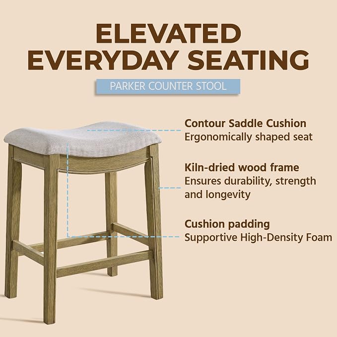 ROME + OAK Set of 2 Parker 26 Inch Counter Stool, Backless Saddle Kitchen Barstool in Natural Finish with Cream Fabric Upholstery Cushion Seat