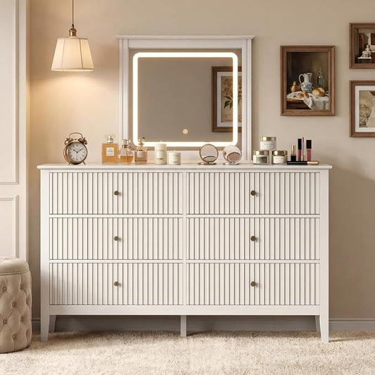 RoyalCraft 6 Drawer Dresser with Lighted Mirror, White Fluted Modern Wood Chest of Drawers, Long Dresser for Bedroom Storage