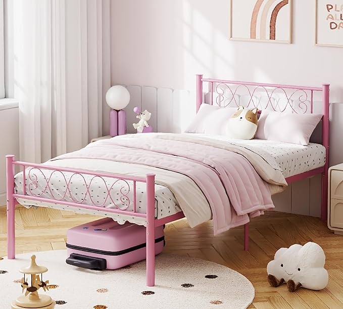 GarveeHome Twin-XL Size Bed Frame, Metal Platform Bed Frame with Headboard and Footboard, 12.2 in Bed Frame with Strong Metal Slats Support, Under Bed Storage, No Box Spring Needed, Pink