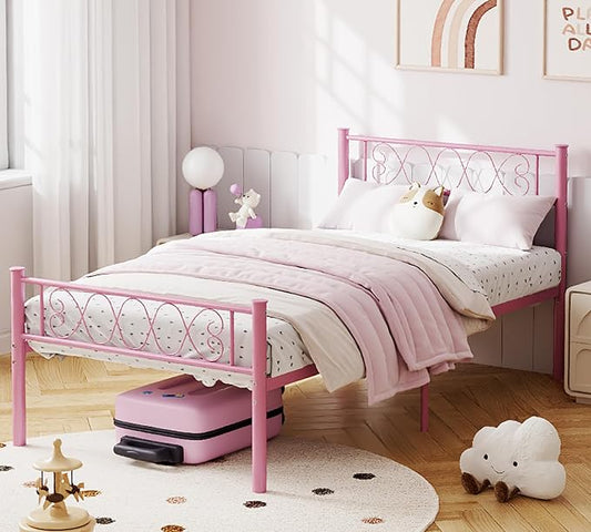 GarveeHome Twin-XL Size Bed Frame, Metal Platform Bed Frame with Headboard and Footboard, 12.2 in Bed Frame with Strong Metal Slats Support, Under Bed Storage, No Box Spring Needed, Pink