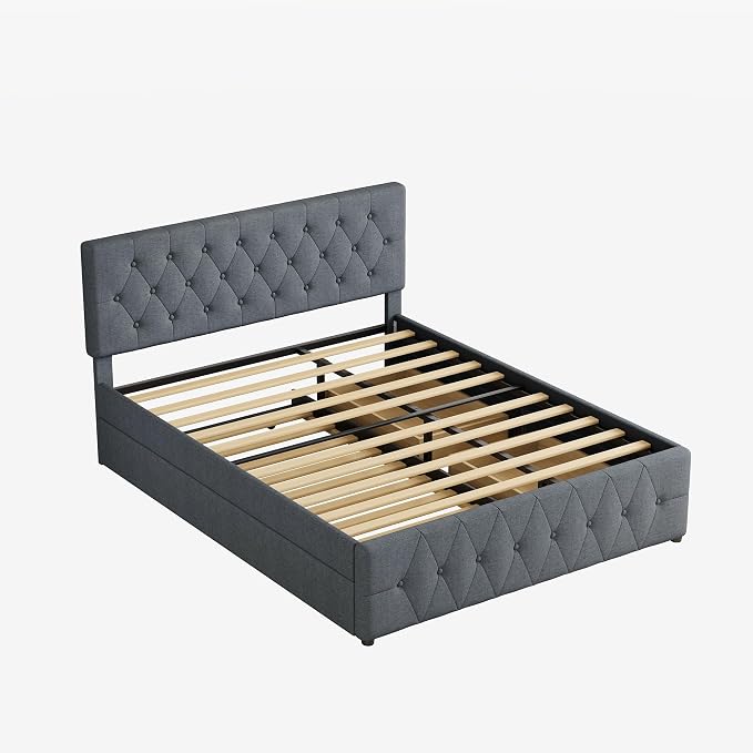 Ball & Cast Queen Bed Frame with Adjustable Headboard,Upholstered Platform Bed Frame Queen Size with 2 Wood Storage Drawers & Pull‑Out Trundle Bed,Wooden Slats Support,No Box Spring Needed,Dark Gray