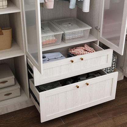 MOUMON Wide Modern Bedroom Armoires with Frosted Glass Doors and Hanging Rod, Tall Wardrobe with Drawers, Large Armoire Wardrobe Closet, Wood Grain 63" W x 19.7" D x 86.6" H