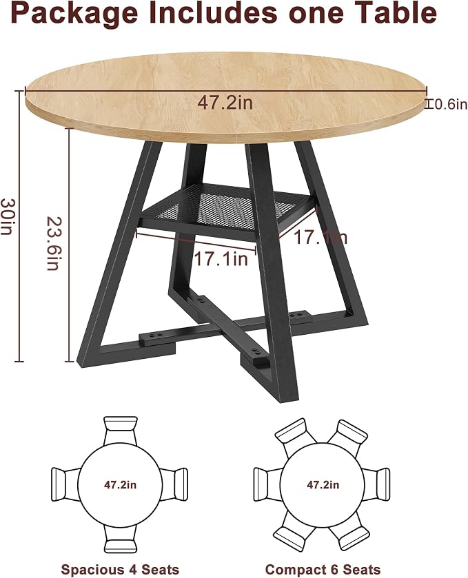 Jocoevol 47'' Round Dining Table for 4,Kitchen Dining Room Circle Dinner Pedestal Table,Space Saving Wood Kitchen & Dining Room Furniture (Natual Wood, 47In)