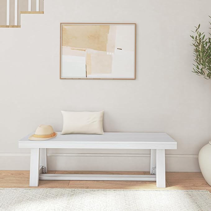 Plank+Beam 60 Inch Farmhouse Dining Bench, Solid Wood Entryway Bench, Wooden Outdoor Bench, Kitchen Dining Seat, Dining Room, Home Office, Living Room Furniture, Easy Assembly, White Wirebrush