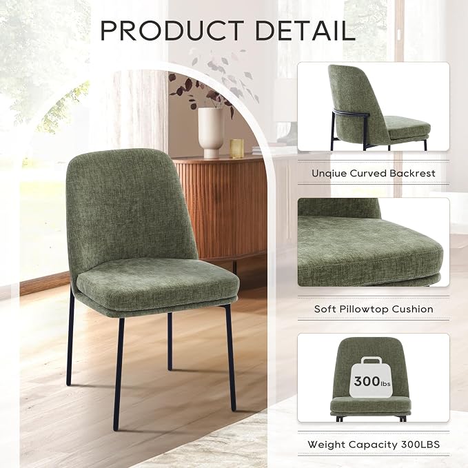 COLAMY Upholstered Dining Chairs Set of 2, Modern Dining Room Chairs with Curved Back and Metal Legs, Dinner Chair Kitchen Chairs for Dining Room and Living Room, Green