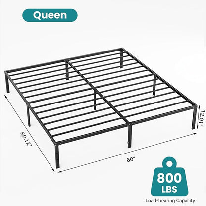 Sweetcrispy Queen Size 12 Inch Platform Bed Frame, Heavy Duty Metal Foundation Frame, Noise-Free Sturdy Steel Slats, Underbed Storage, No Box Spring Needed, Quick Setup