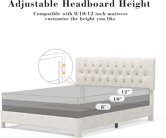 King Size Bed Frame with Headboard, Luxury Velvet Fabric Upholstered Bed frame with Button Tufted Design, Strong Wooden Slats Support - Low & Sturdy, Noise-Free, No Box Spring, Easy Assembly, Beige | Plush velvet