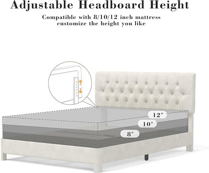 King Size Bed Frame with Headboard, Luxury Velvet Fabric Upholstered Bed frame with Button Tufted Design, Strong Wooden Slats Support - Low & Sturdy, Noise-Free, No Box Spring, Easy Assembly, Beige | Plush velvet