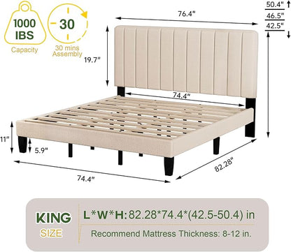 King Size Bed Frame with Headboard, Platform Bed with Soft Linen Upholstered Headboard | Wooden Slats Support | Adjustable Height | No Box Spring Needed, King Bed Frame Beige