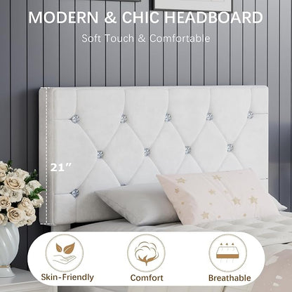 VECELO Twin Size Bed Frame with Diamond Tufted Headboard, Upholstered Platform Bedframe with Wood Slat Support, No Box Spring Needed, Velvet & White