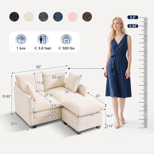 L-Shape Loveseat Sofa Couch with Ottoman, Small 50" Love Seat 27" Deep Cloud Sofa Washable Chenille Pillow for Apartment Bedroom Dorm Attic Studio Office Living Room Small Space 8833-BEIGE-L-1