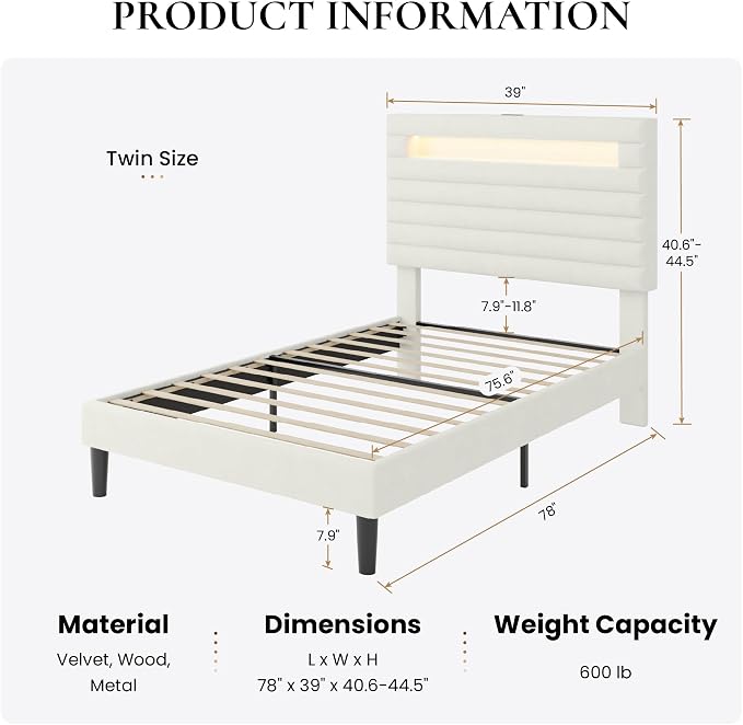 SHA CERLIN Twin Bed Frame with LED Light & 2-Tier Storage Shelf, Velvet Upholstered Adjustable Headboard with Charing Station, Horizontal Channel Tufted, No Box Spring Needed, Easy Assembly, White