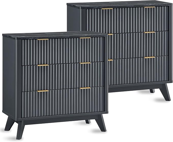 T4TREAM Fluted 3 Drawers Nightstand Set of 2, Oversized Extra Large Modern Side Table with Faux Marble Top, End Table Bedside for Bedroom, Living Room, Curved Profile Design, Dark Grey | Fluted