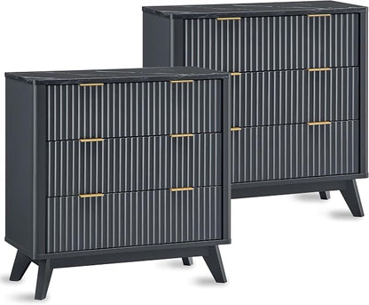T4TREAM Fluted 3 Drawers Nightstand Set of 2, Oversized Extra Large Modern Side Table with Faux Marble Top, End Table Bedside for Bedroom, Living Room, Curved Profile Design, Dark Grey | Fluted
