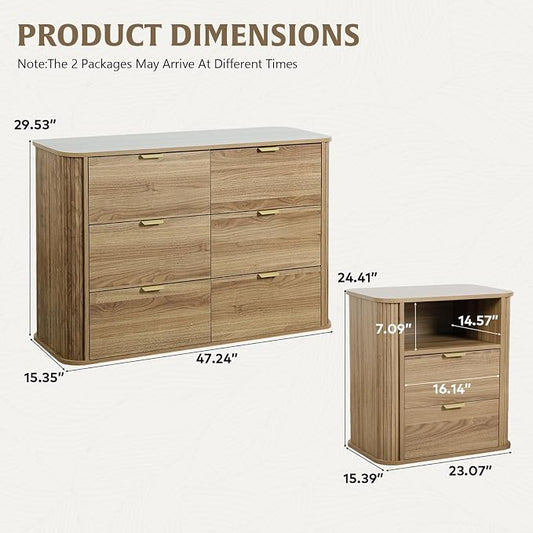 SoarFlash 3‑Piece Fluted Bedroom Furniture Set, 6‑Drawer Cabinet & 2‑Drawer Nightstands, French Modern Vintage Wood Storage Unit for Bedroom Entryway Hallway, Brown
