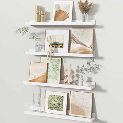 Fun Memories Picture Ledge Shelves Set of 4, 24 Inch Rustic Wall Mounted Floating Shelves with Lip for Home Storage and Décor in Bathroom, Kitchen, Nursery, Bedroom, Living Room, White