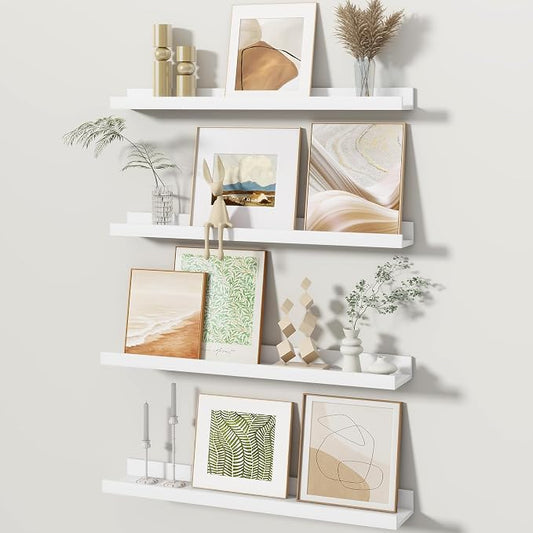 Fun Memories Picture Ledge Shelves Set of 4, 24 Inch Rustic Wall Mounted Floating Shelves with Lip for Home Storage and Décor in Bathroom, Kitchen, Nursery, Bedroom, Living Room, White