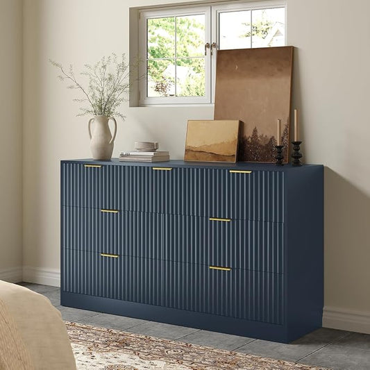 Navy Blue 7 Drawer Dresser for Bedroom, 55" Wide Fluted Chest of Drawers with Gold Metal Handles, Modern Wood Dresser Closet Storage Organizer Mid Century TV Stand for Living Room Hallway