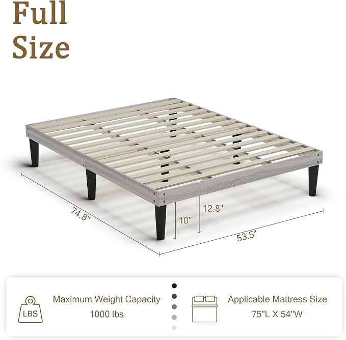 Yumori 12.9 Inch Minimalist Style Full Size Bed Frame, Wood Platform Bed with Wood Slat Support, No Box Spring Needed, Easy Assembly, Grey