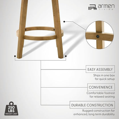 Armen Living Isla 26 in. Amber Glow Counter Height Rubberwood Swivel Barstool with Ivory Fabric Seat