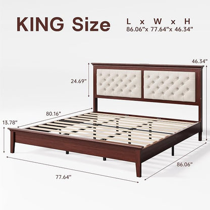 Lifezone Solid Wood King Bed Frame 46” Tall Diamond-Tufted Upholstered Headboard, American Classic Flat-Top Bed, Stable Structure, Wood Slats Support, Noise-Free, No Box Spring Needed,Reddish Brown